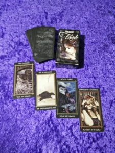 Favole Tarot: Tower, Hanged Man, King of Flowers, and Knight of Masks